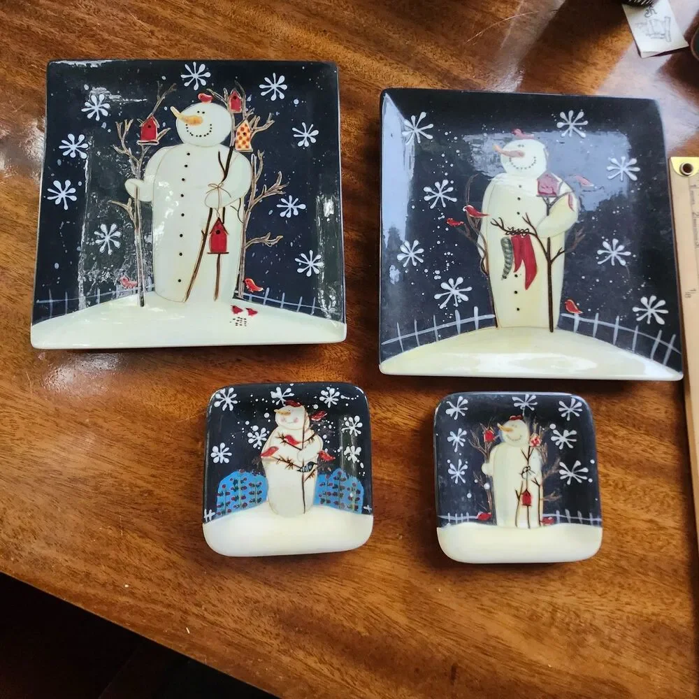 Twilight Snowman Mary Beth Baxter Holiday 4 Plates 2 Dinner & 2 Appetizers